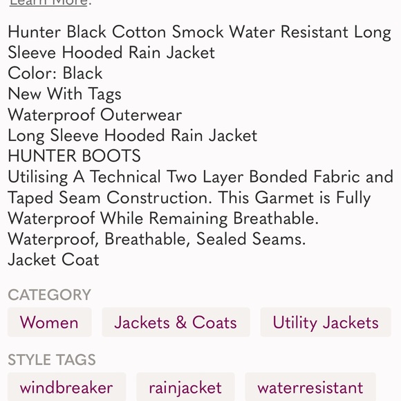 🔥NWT Hunter Ladies' Rain Jacket Size Large Black water repellent - Picture 9 of 10